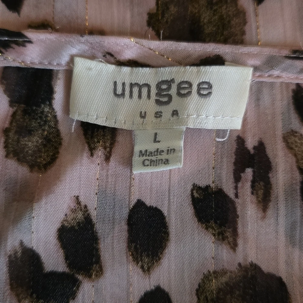 Umgee Pink Metallic Leopard Print Ruffle Sleeve Blouse Size L Sheer Top
